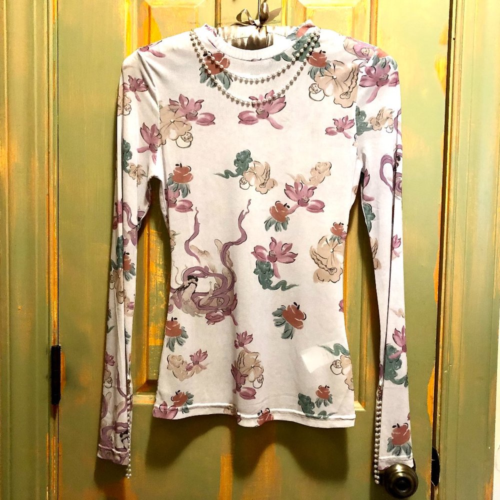 Mukzin Embellished Bell Mori Pastel Goth Geisha Floral Stretch Top NWoT M